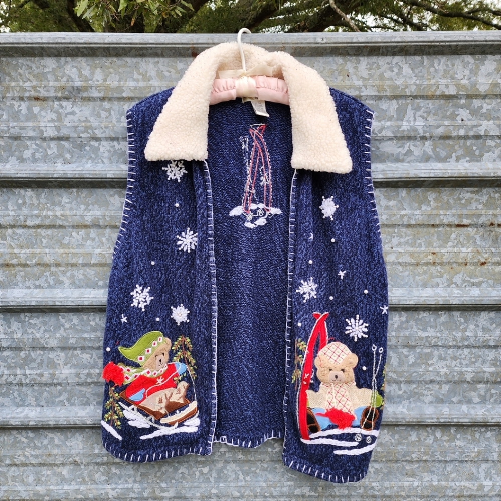 VINTAGE Holiday Not So Ugly Christmas Teddy Bear Embroidered Zip-Up Cardigan - Picture 7 of 14